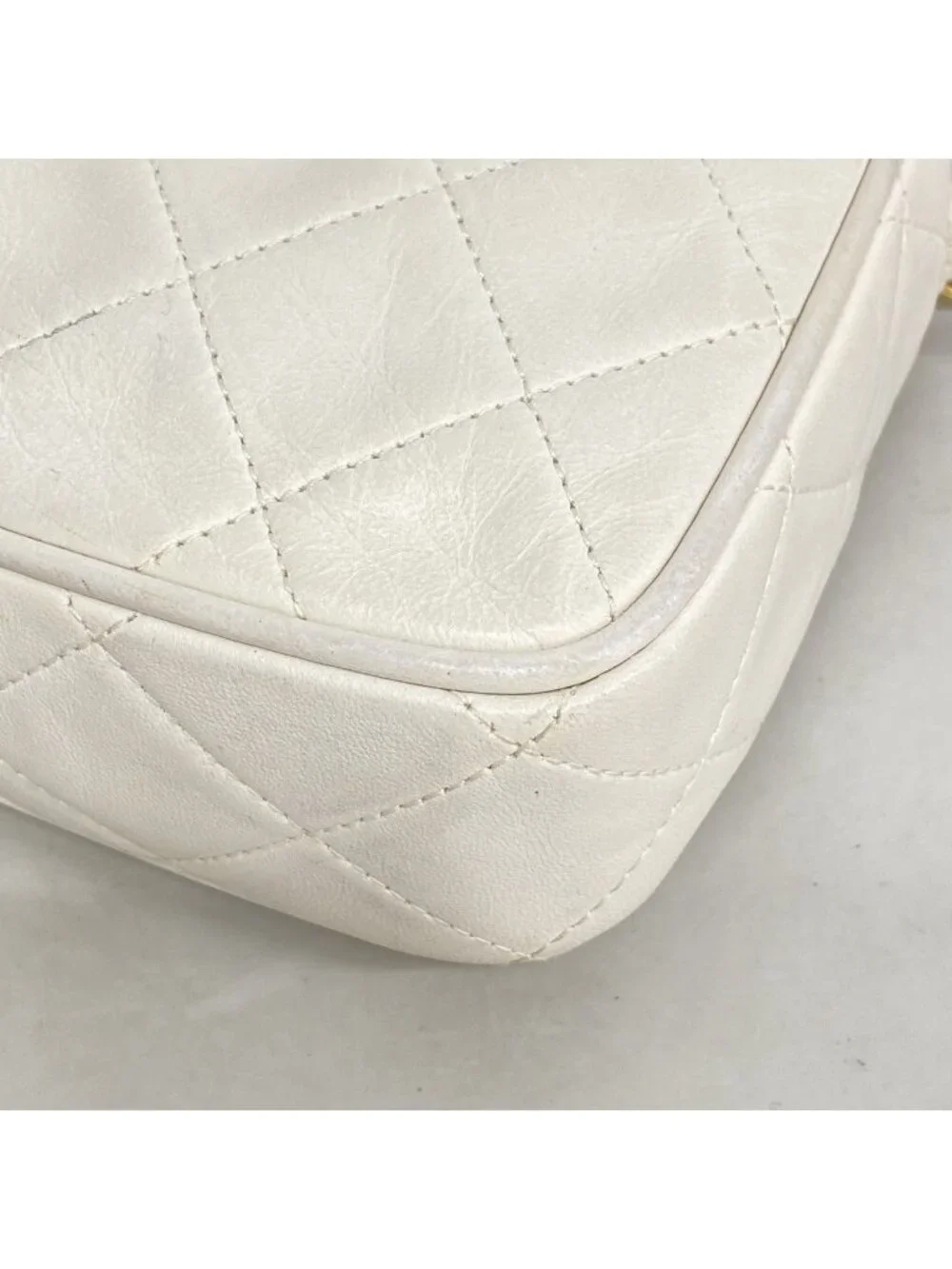 Chanel Shoulder Bag Quilted Lambskin White Gold